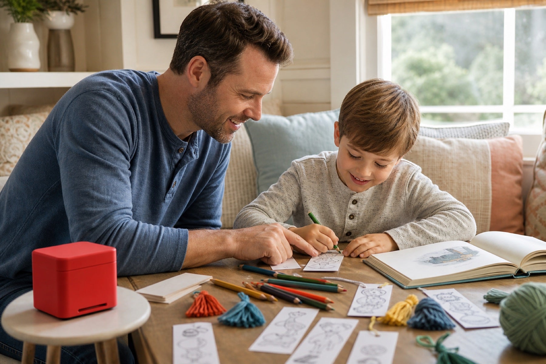 A father and child making bookmarks together