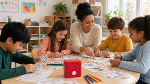 Teacher and children using KeepHi prints in a classroom activity