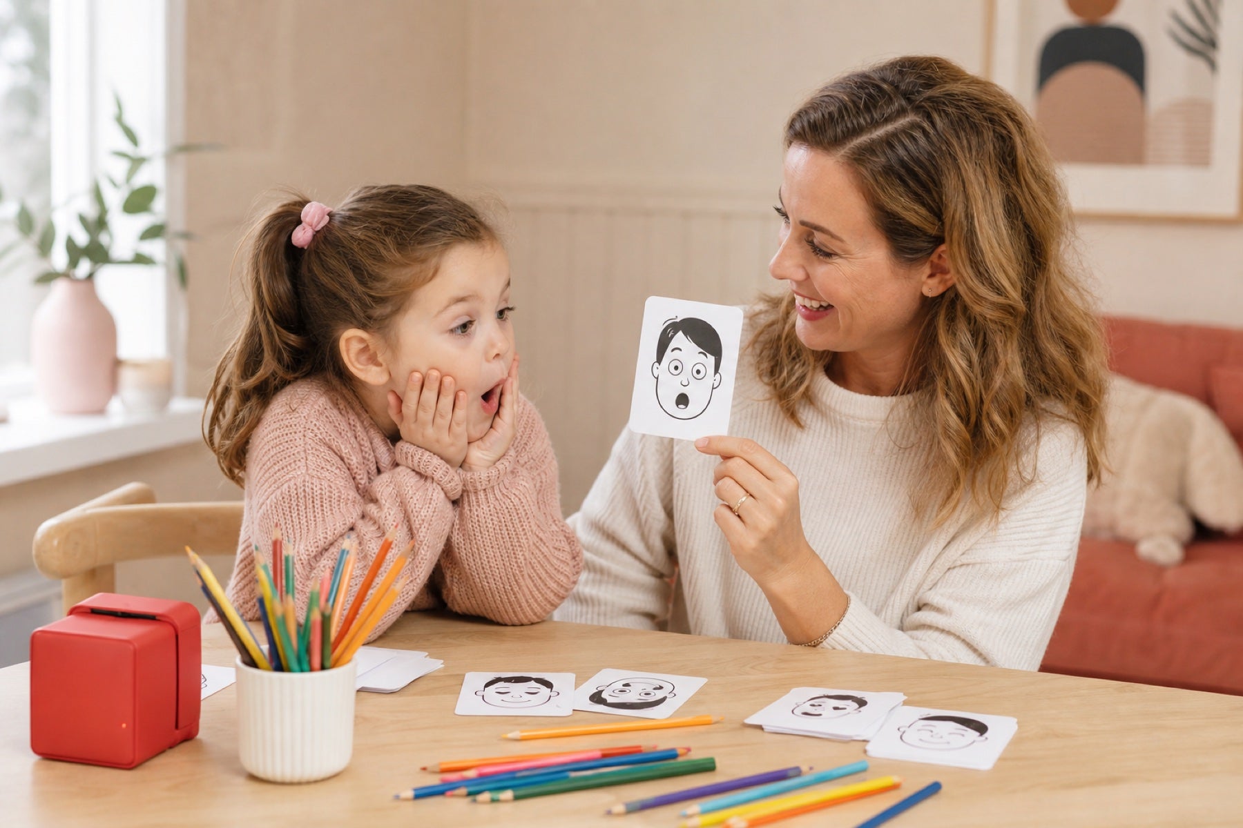 A mother and child exploring feelings with illustrated cards