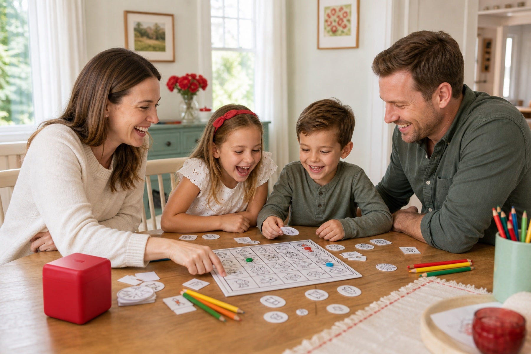 A family playing a homemade illustrated bingo game