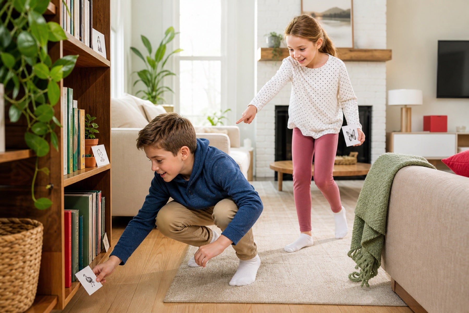 Two children following picture clues in a scavenger hunt