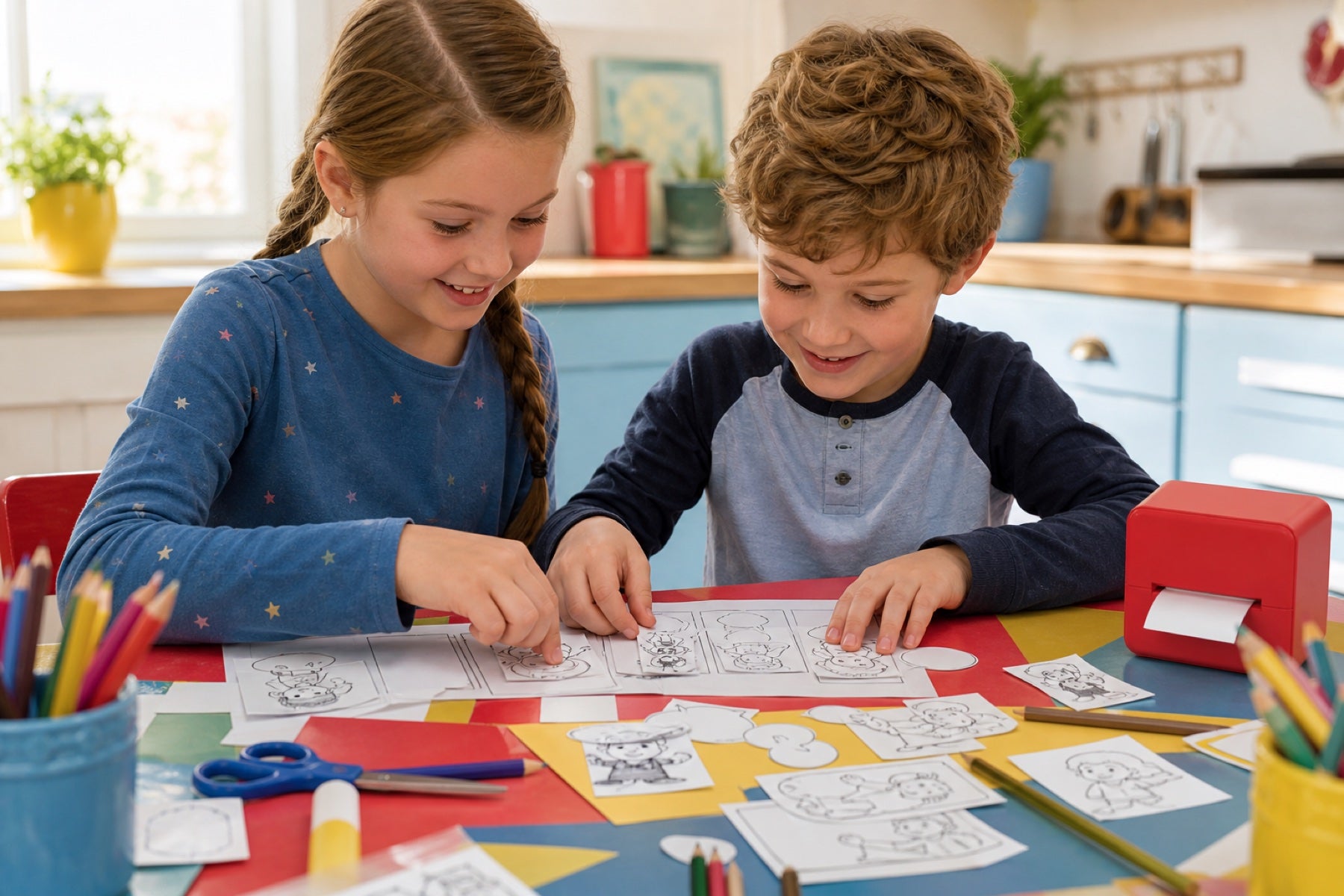 Two children creating a comic story with printed cards