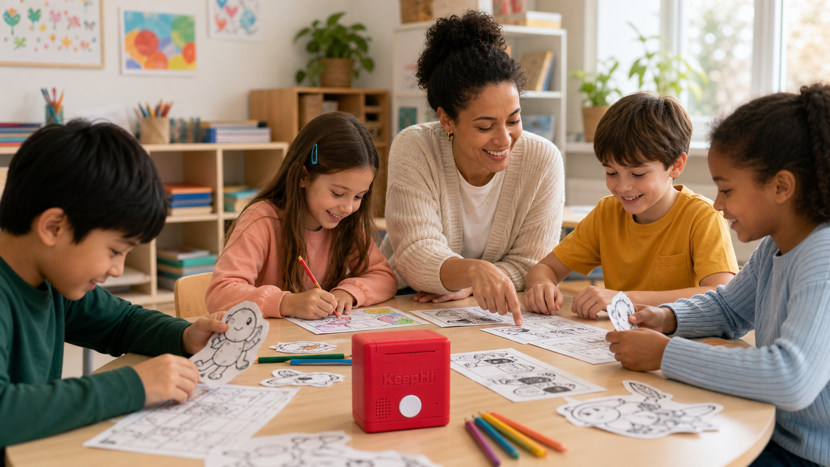 An educator and children exploring a hands-on creative activity